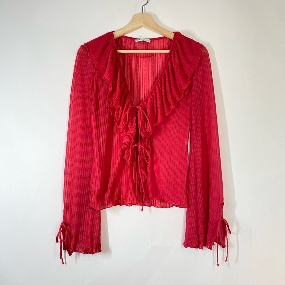 Zara Hot Pink Bell Sleeve Ruffle Cardigan Top Small Festival Fairy Whimsical